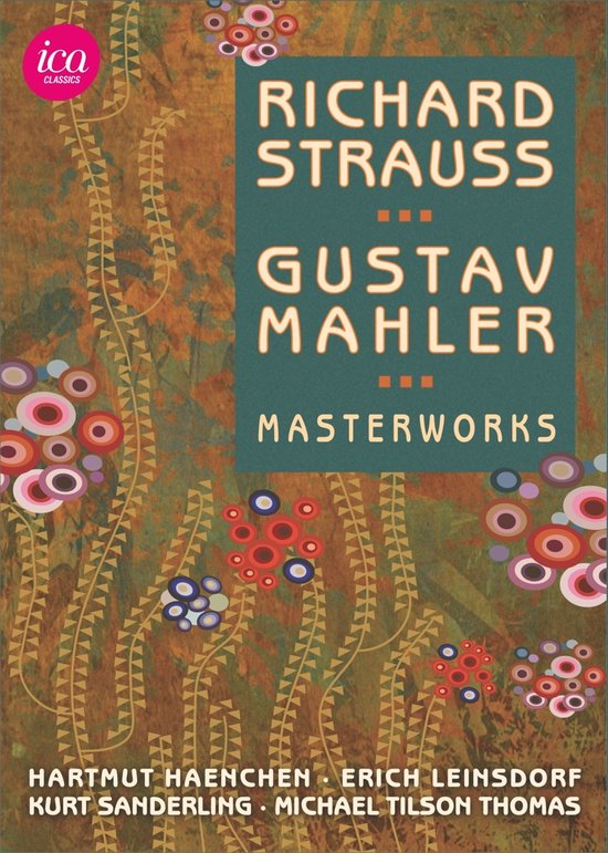 Boekhoes met Richard Strauss en Gustav Mahler Masterworks, met ica Classics logo, op een achtergrond van bruine en oranje patronen en cirkels in roze, paars, blauw en rood.