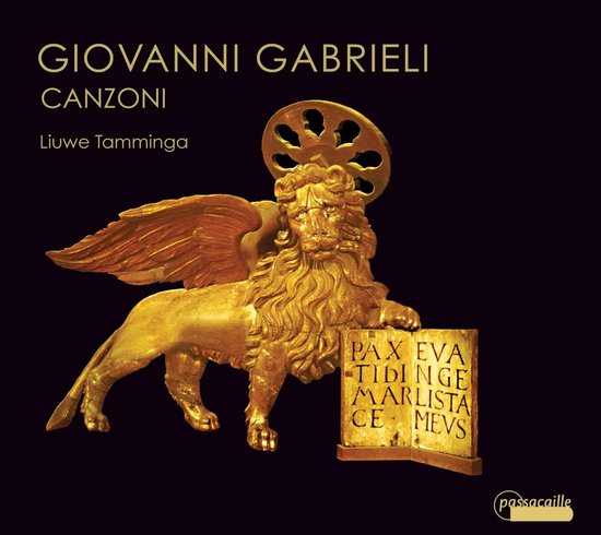 Gouden gevleugelde leeuw met een boek, met de tekst "GIOVANNI GABRIELI CANZONI Liuwe Tamminga" erop.