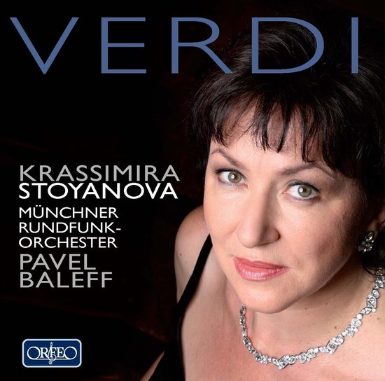 Portret van sopraan Krassimira Stoyanova met parelketting en Verdi-logo.