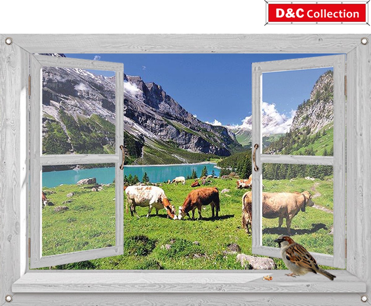 D&C Collection tuinposter - 90x65 cm - doorkijk - wit luxe venster bergwei met koeien en mus - tuin decoratie - tuinposters buiten - schuttingposter - tuinschilderij blauw, wit, groen, bruin, rood