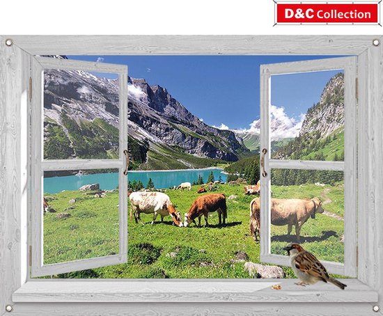 D&C Collection - tuinposter - 90x65 cm - doorkijk - wit luxe venster bergwei met koeien en mus - tuin decoratie - tuinposters buiten - schuttingposter - tuinschilderij