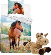 Paarden dekbedovertrek set 140 x 200 cm, incl. super zachte paarden knuffel - 32 cm - Bruin - kinderen slaapkamer - eenpersoons dekbed