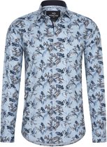 Heren overhemd Lange mouwen - MarshallDenim - bloemenprint Blauw - Slim fit met stretch - Maat 3XL