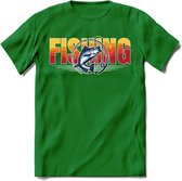 Fishing - Vissen T-Shirt | Grappig Verjaardag Vis Hobby Cadeau Shirt | Dames - Heren - Unisex | Tshirt Hengelsport Kleding Kado - Donker Groen - L