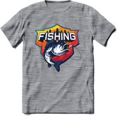 Fishing - Vissen T-Shirt | Grappig Verjaardag Vis Hobby Cadeau Shirt | Dames - Heren - Unisex | Tshirt Hengelsport Kleding Kado - Donker Grijs - Gemaleerd - XXL