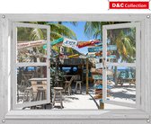 D&C Collection - tuinposter - 90x65 cm - doorkijk - wit luxe venster beachbar Jan Thiel - Curacao - tuin decoratie - tuinposters buiten - schuttingposter - tuinschilderij
