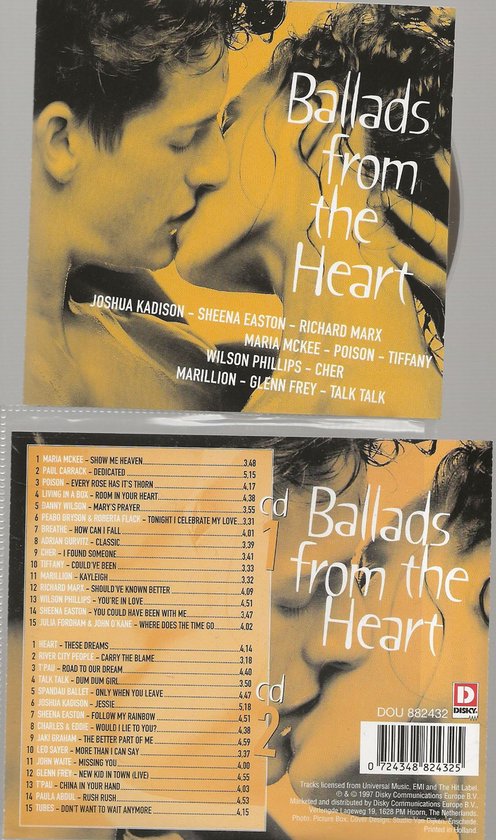 Dubbel CD hoes met de titel 'Ballads from the Heart', bovenkant heeft een kusscène, onderkant heeft tracklists.