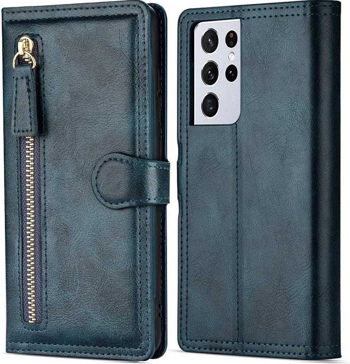 Samsung Galaxy S21 Ultra Book case met ritssluiting van LuxeBass - Flipcover - Magnetisch - 5 kaarten houder - Donkerblauw - telefoonhoes - gsm hoes - telefoonhoesjes