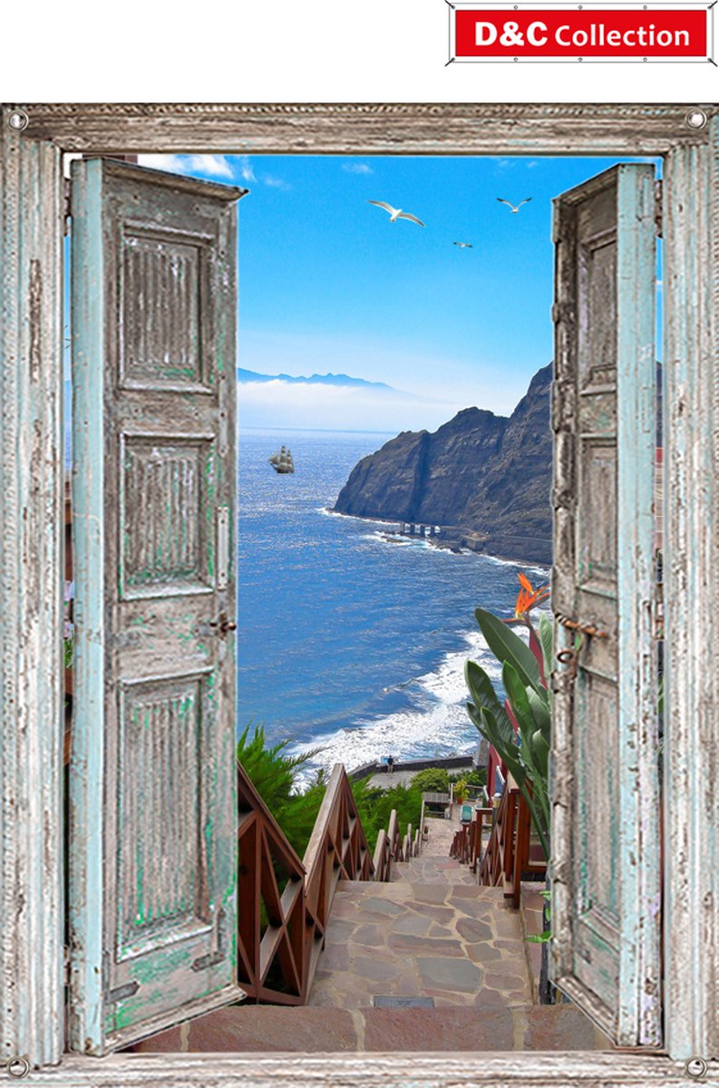 D&C Collection tuinposter - 65x90 cm - doorkijk - deuren - trap naar zee - strelitzia - tuin decoratie - tuinposters buiten - schuttingposter - tuinschilderij blauw, oranje, bruin