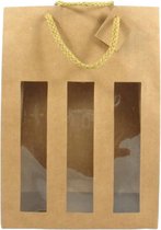 Gift bag - Cadeauzak met venster - 3 Wijnflessen - Kraft karton - Naturel - 39x20x8cm - Fairtrade - Sawahasa - 10 stuks