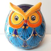 Groot beeld uil fairtrade gemaakt van aardewerk in Mexico blauw-type1