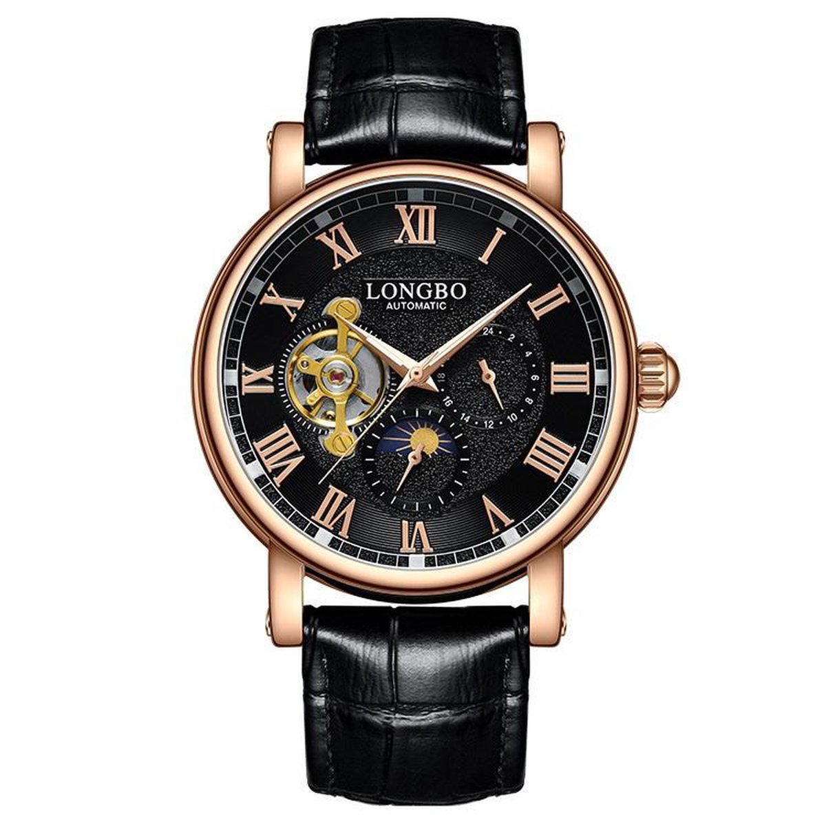Longbo - Heren Horloge - Zwart/Rosé/Zwart - 44mm - Automatic