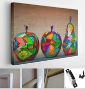 Apples and pears on a red and blue color abstract background. Decorative wooden fruit embellished by the artist, handmade - Modern Art Canvas - Horizontal - 337689950 - 50*40 Horiz