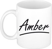 Amber naam cadeau mok / beker sierlijke letters - Cadeau collega/ moederdag/ verjaardag of persoonlijke voornaam mok werknemers