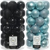 74x stuks kunststof kerstballen mix zwart en ijsblauw 6 cm - Onbreekbare kerstballen - Kerstversiering