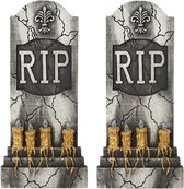 Set van 2x stuks horror kerkhof decoratie grafsteen kaarsen met licht 93 x 42 cm - Halloween feestdecoratie en versiering