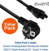 Ewent Stroomkabel met C5 plug – Bundel 3 stuks - Voedingskabel 230V Schuko haaks naar C5 - 2 meter - EW9184