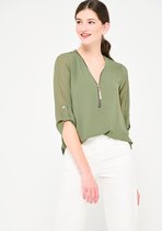 LOLALIZA Blouse met driekwartsmouw en rits - Khaki - Maat 42