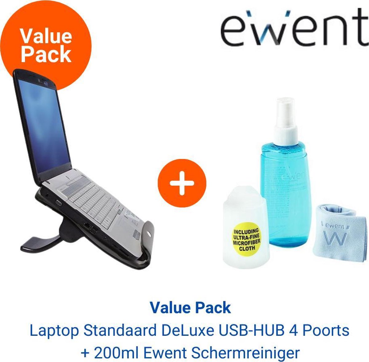 Ewent Laptop Standaard DeLuxe USB-HUB 4-poorts + Schermreiniger 200ml & Microfiber doekje
