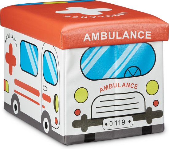 Foto: Relaxdays poef voor kinderen met opbergruimte speelgoedkist kunstleer 37 l 32 x 48 x 32 cm ambulance ambulance