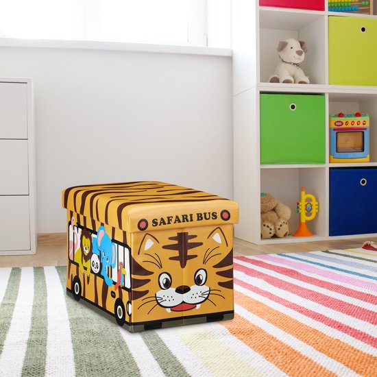 Opvouwbare opbergkist in safari bus-vorm met tijgerprint, in een kinderkamer.