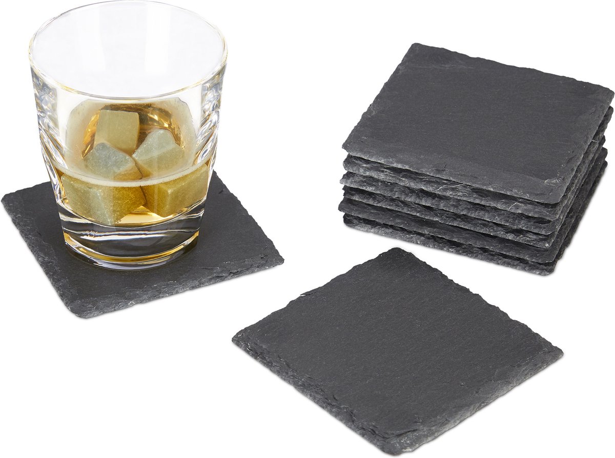 onderzetters leisteen - set van 8 - vierkant - 10 x 10 cm - onderhoudsvriendelijk - grijs