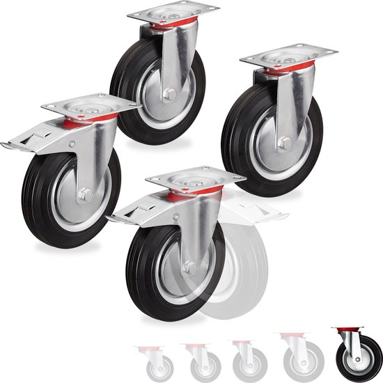 Set van 4 zwenkwielen met zwarte banden, metalen velgen en een metalen plaat.