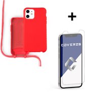 Coverzs Silicone case met koord - Telefoonhoesje met koord - Backcover hoesje met koord - touwtje - geschikt voor Apple iPhone 12 / 12 Pro - Rood   + glazen Screen Protector