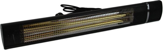 Zwarte Stenda terrasverwarmer met zilveren rooster en snoer.