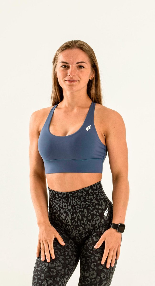 Dames sportbeha medium support – crossed back met uitneembare pads – ademend & stretchy – sport bh geschikt voor fitness en yoga – DM Training Essentials Bra (blauw)