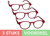 Computer bril - rood rond sterkte +3.0 - 3 stuks - blauw licht filter - blue blocker leesbril