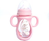Roze Babyflesje, pink baby bottle, Baby voeding, Baby glas fles, baby, baby flessen, Anti-colic glas flesje, baby bottle 240ml, zuigfles Anti-koliek.