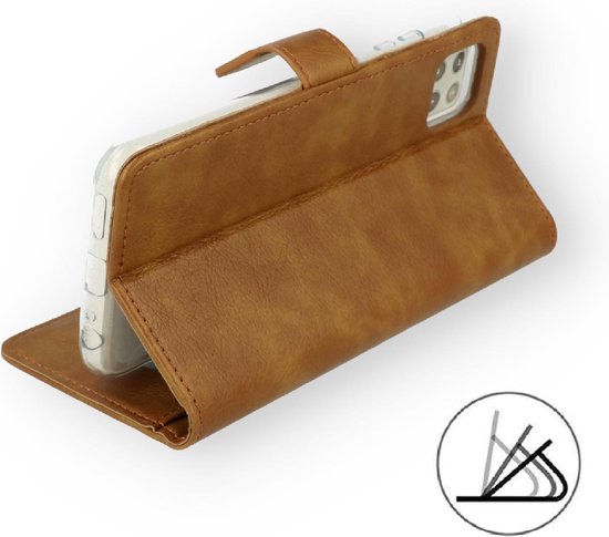 Étui portefeuille marron pour téléphone en position ouverte avec un téléphone à l'intérieur. Fermeture magnétique.
