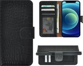 iPhone 13 Hoesje - Bookcase - Portemonnee Hoes Echt leer Wallet case Croco Zwart