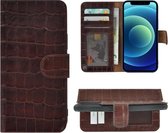 iPhone 13 Hoesje - Bookcase - Portemonnee Hoes Echt leer Wallet case Croco Bruin