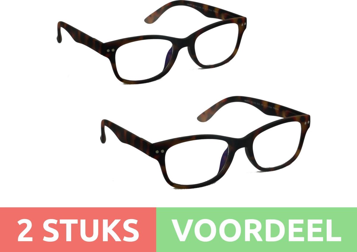 Computer bril - tortoise rechthoekig sterkte +2.5 - 2 stuks - blauw licht filter - blue blocker leesbril