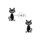 Joy|S - Zilveren kat poes oorbellen - zwart - 6 x 10 mm