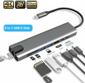 Brightenlux® 8 in 1 USB C Hub - 2x USB 3.0 - 4K HDMI - 2x USB-C Oplader - SD/TF Kaart - Power Delivery - Ethernet - Grijs