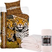 Dekbedovertrek Luipaard-Cheetah-Panter- 1 persoons- 140x200- incl. superzachte Creme Fleecedeken 150x200cm.