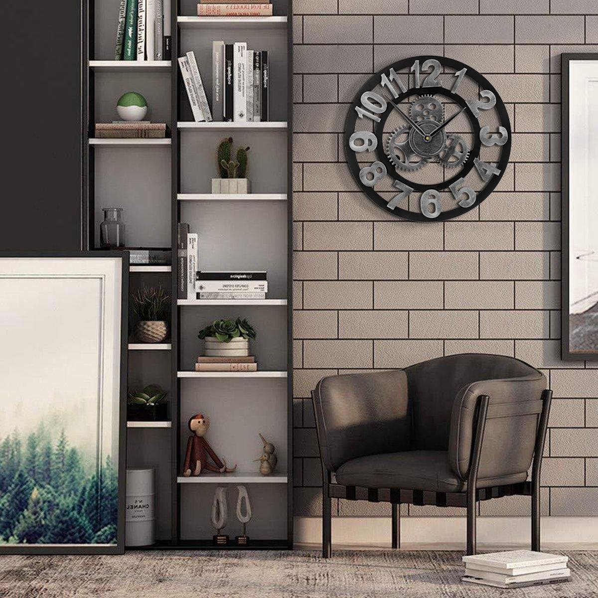 Wandklok industrieel – Grote XL Wandklok 45 cm – Retro - Tandwielen - Cijfers - Zilver — cadeau in Wonen & Interieur - foto 3