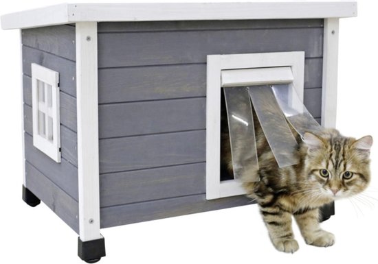 Rexa® Kattenhuisje van dennenhout wit/grijs 57x45x43cm | Kattenmand voor buiten of in huis | Beschermt kat tegen kou en geeft veilig gevoel | Makkelijke ingang | Hoogwaardig hout | Kattenbak | Katten huis