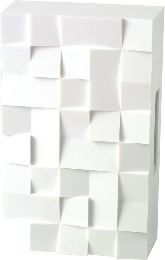 Witte deurbel met een gedetailleerd 3D-reliëf van vierkante en rechthoekige panelen.