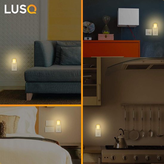 Collage van LUSQ nachtlampjes op verschillende locaties: woonkamer, keuken, slaapkamer.