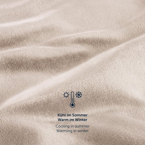 Beige fleece textuur met icoon: koel in de zomer, warm in de winter.