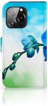 Telefoonhoesje Geschikt voor iPhone 13 Pro Wallet Book Case met foto Orchidee Blauw Valentijn Cadeautje Vrouw