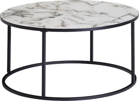 salontafel rond 80x40x80 cm met marmerlook wit | Salontafel met zwart metalen frame | Moderne decoratieve tafel