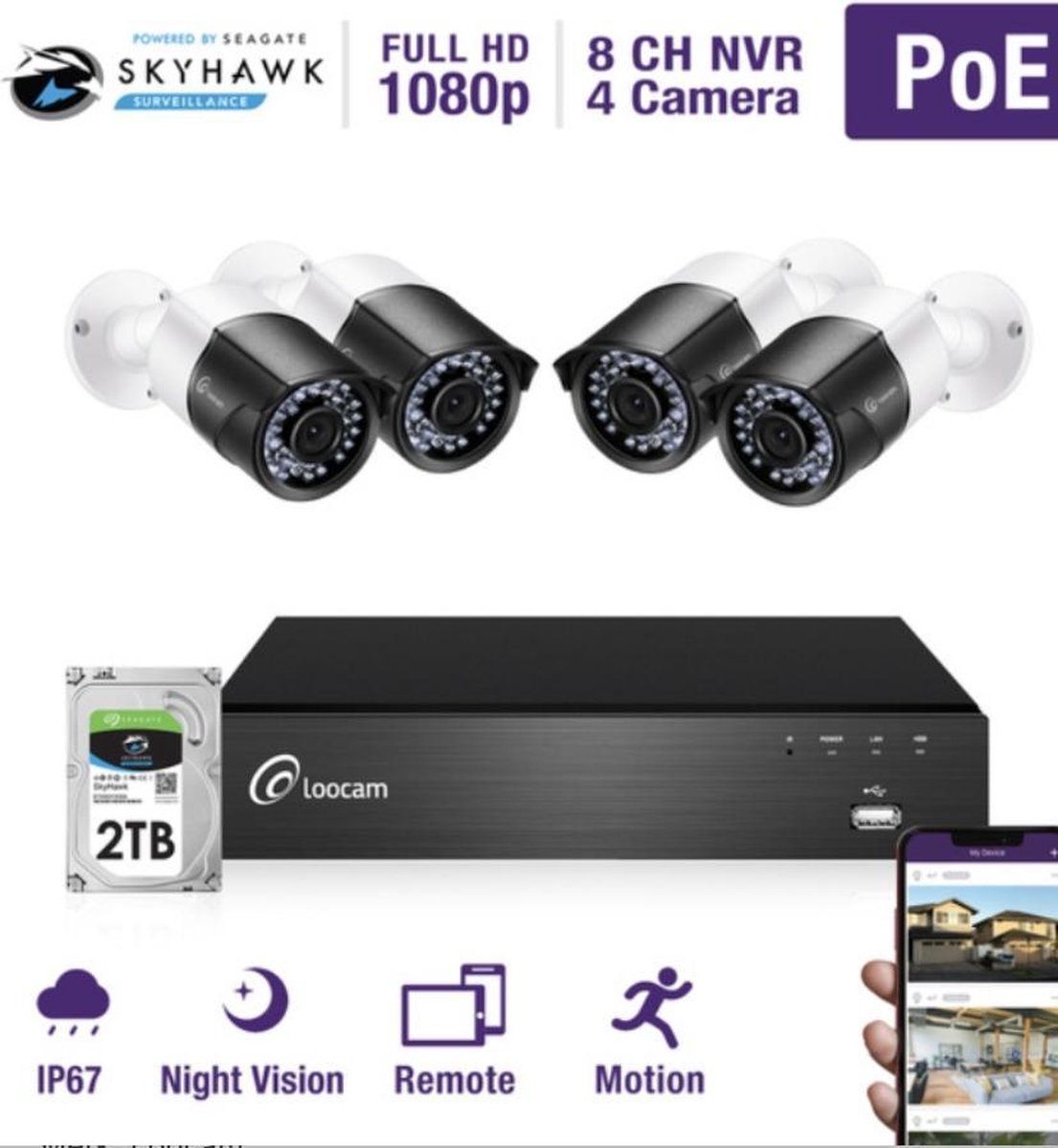 LooCam CCTV - Beveiligingscamera set met 4 Cameras Outdoor Buiten - Home Security Camera Systeem - Wifi Camera Set - Video + Audio-opname - Beveiligingscamera - 4 Camera’s - Nachtzicht - Motion Detector - Merkloos