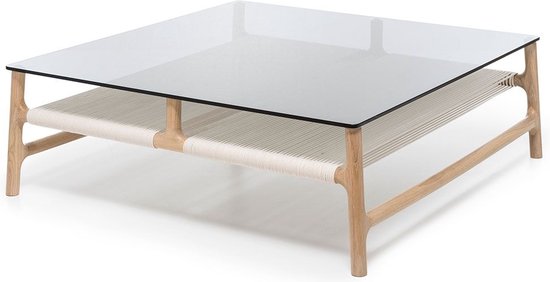 Gazzda Fawn coffee table houten salontafel whitewash - met glazen tafelblad grey - 90 x 90 cm