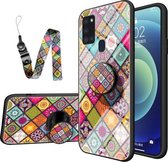 Voor Samsung Galaxy A21s Geschilderd Etnisch Patroon Gehard Glas TPU Schokbestendig Hoesje met Opvouwbare Magnetische Houder & Nekband (Kleurrijk)