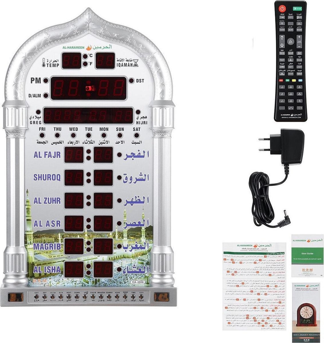 Moslim Gebedsklok met Digitale Gebedstijden Weergave voor MAKKAH, Islamitische Wandklok met Gebedsmuziek en EU-Stekker 110-240V